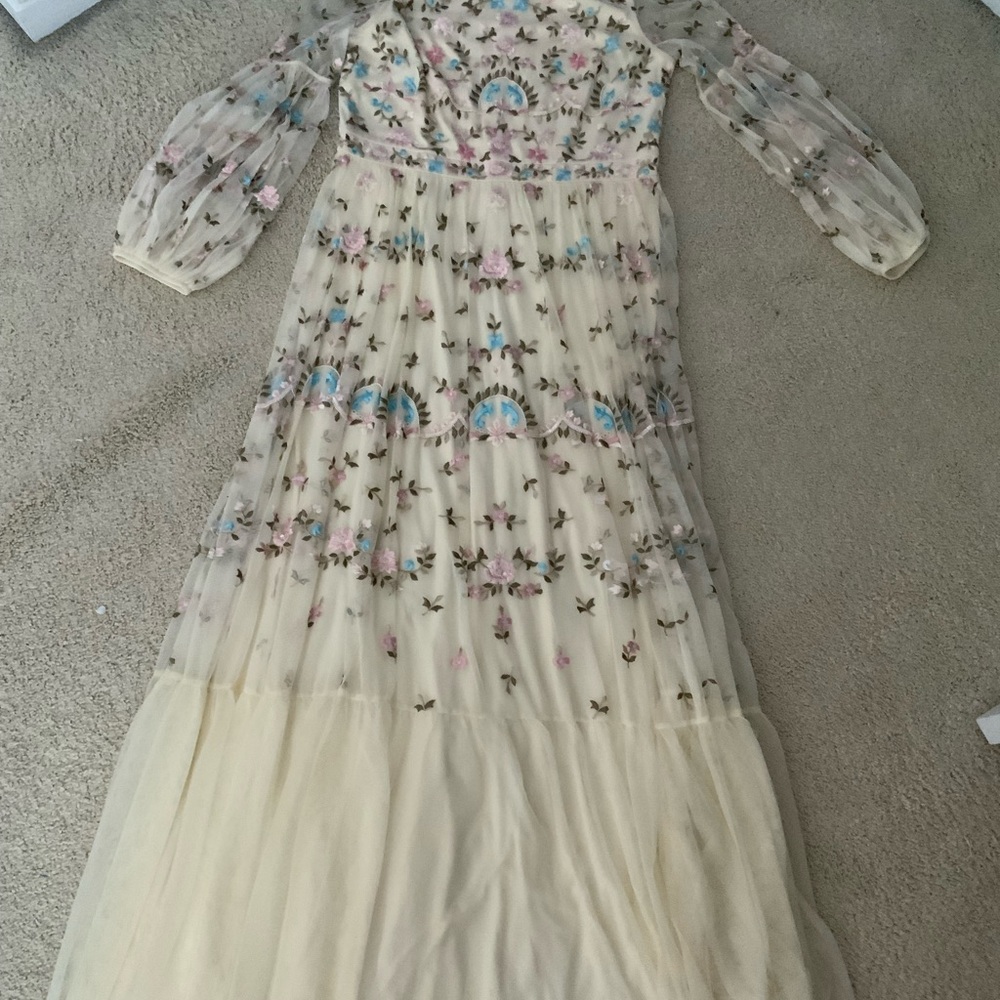 Mac Duggal Cream Dress with Pink and Blue Floral Embroidery